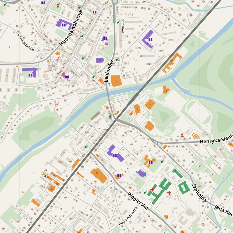 Gorlice map with house numbers, hospitals, police and fire stations — printable PDF, Poland