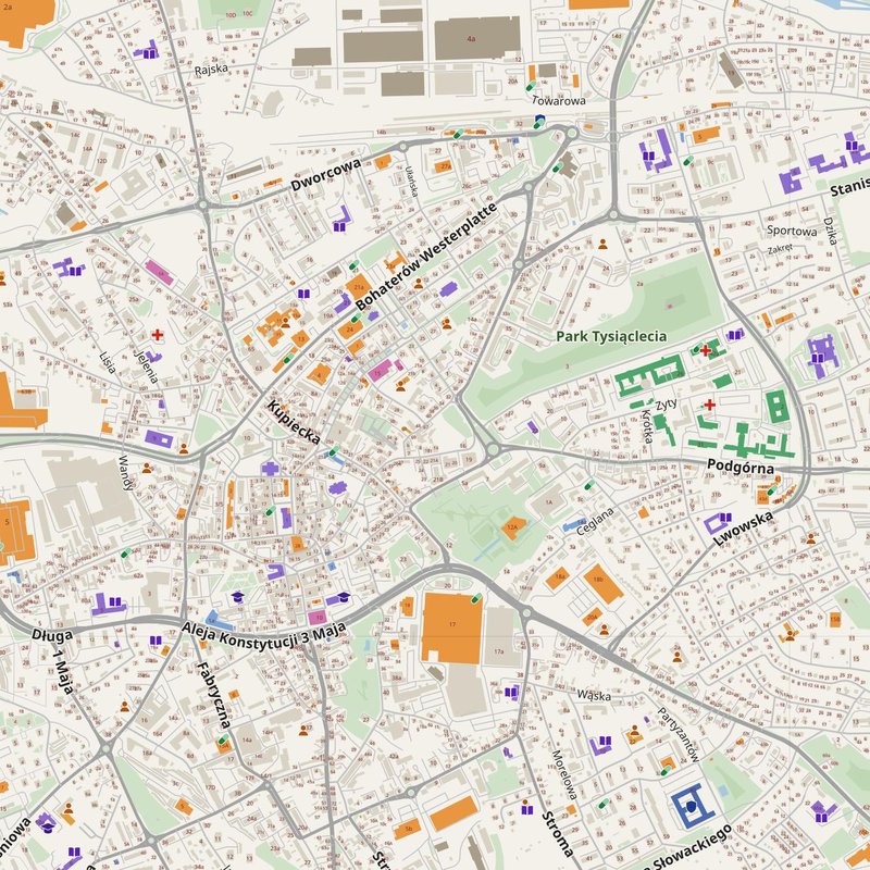 Zielona Góra map with house numbers, hospitals, police and fire stations — printable PDF, Poland