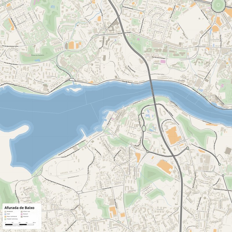 Printable street map poster of Afurada de Baixo, Portugal