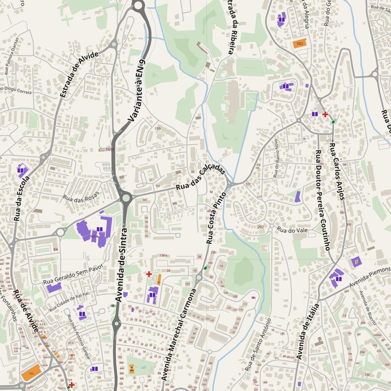 Alcabideche map with house numbers, hospitals, police and fire stations — printable PDF, Portugal