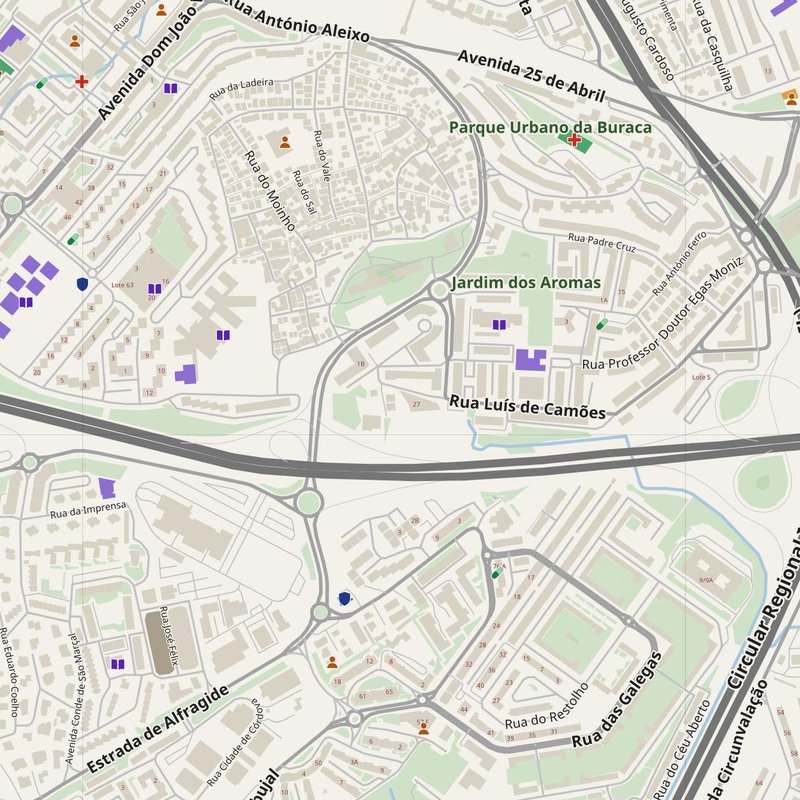 Alfornelos map with house numbers, hospitals, police and fire stations — printable PDF, Portugal