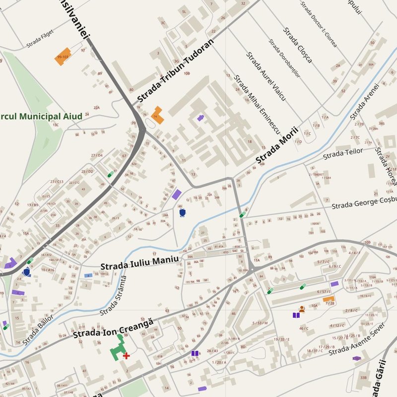 Aiud map with house numbers, hospitals, police and fire stations — printable PDF, Romania