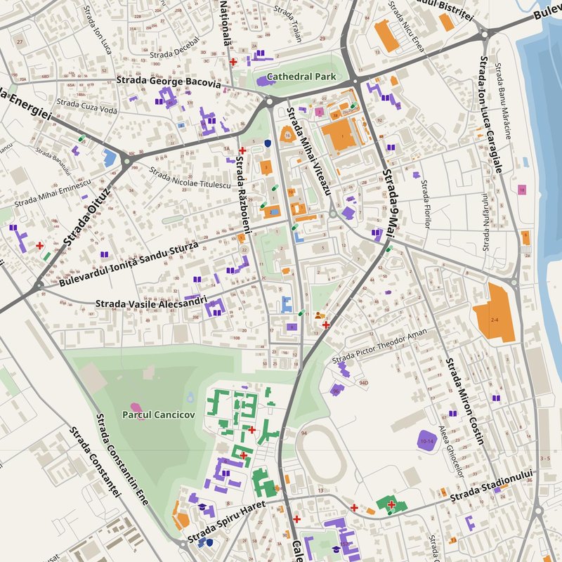 Bacău map with house numbers, hospitals, police and fire stations — printable PDF, Romania