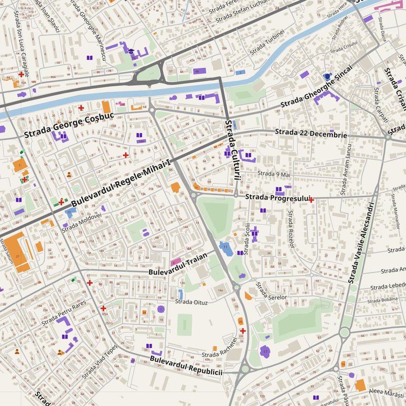 Baia Mare map with house numbers, hospitals, police and fire stations — printable PDF, Romania