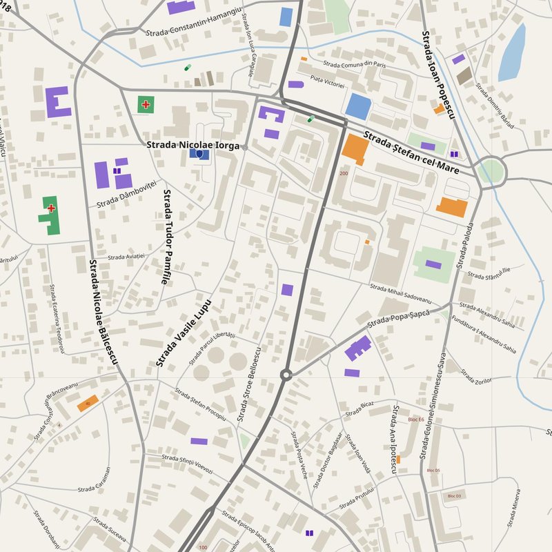 Bârlad map with house numbers, hospitals, police and fire stations — printable PDF, Romania