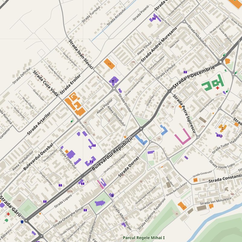 Bistriţa map with house numbers, hospitals, police and fire stations — printable PDF, Romania