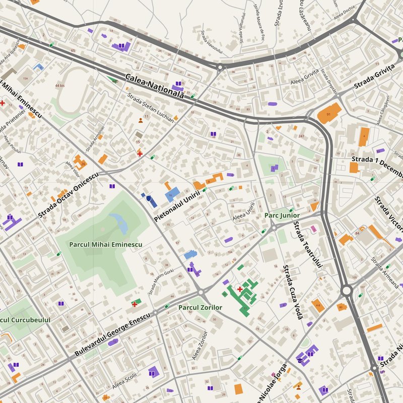 Botoşani map with house numbers, hospitals, police and fire stations — printable PDF, Romania