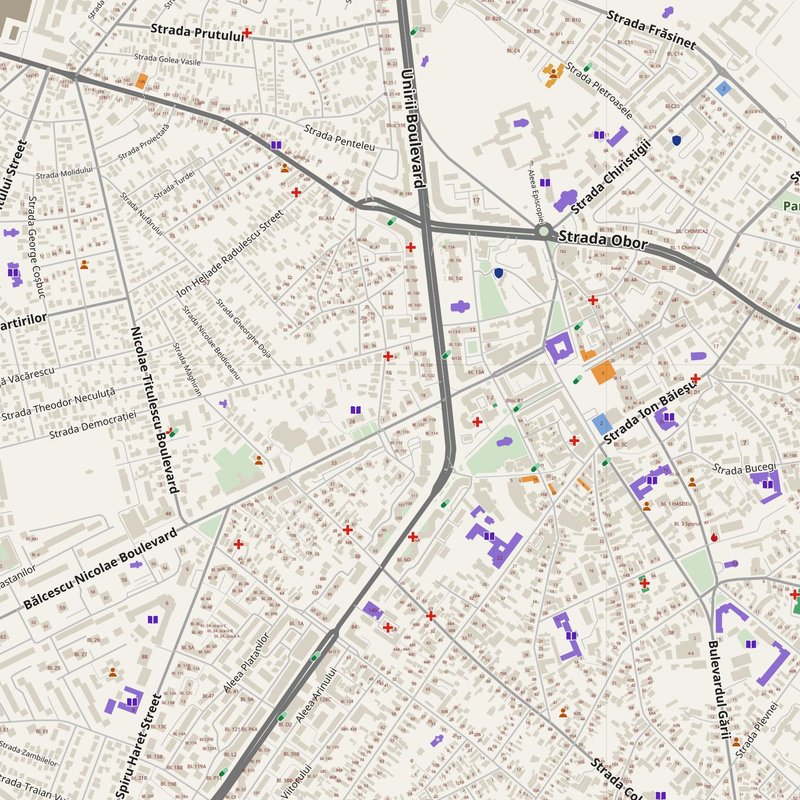 Buzău map with house numbers, hospitals, police and fire stations — printable PDF, Romania