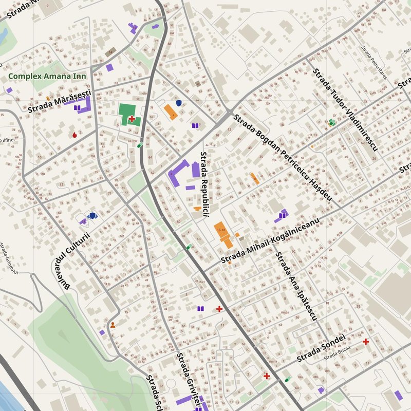 Câmpina map with house numbers, hospitals, police and fire stations — printable PDF, Romania