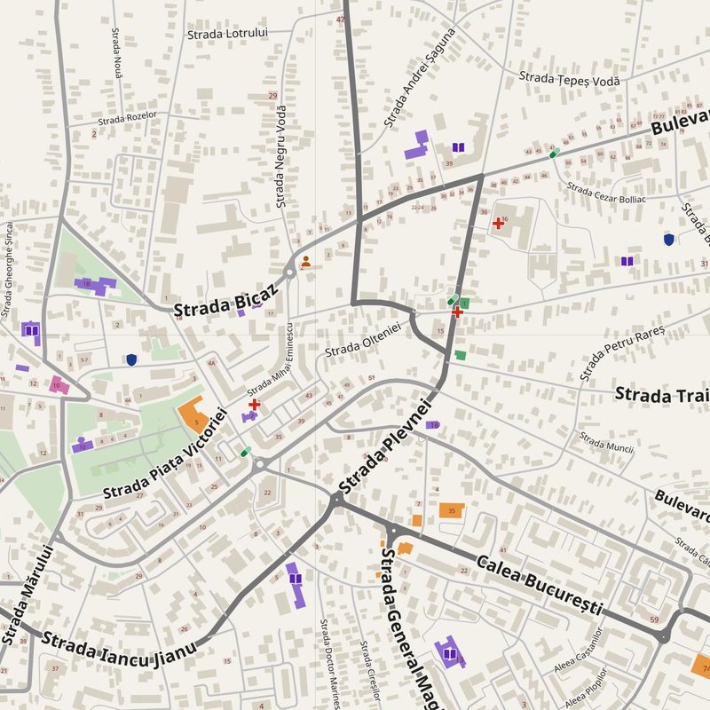 Caracal map with house numbers, hospitals, police and fire stations — printable PDF, Romania