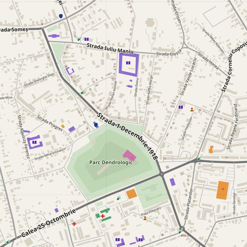 Carei map with house numbers, hospitals, police and fire stations — printable PDF, Romania