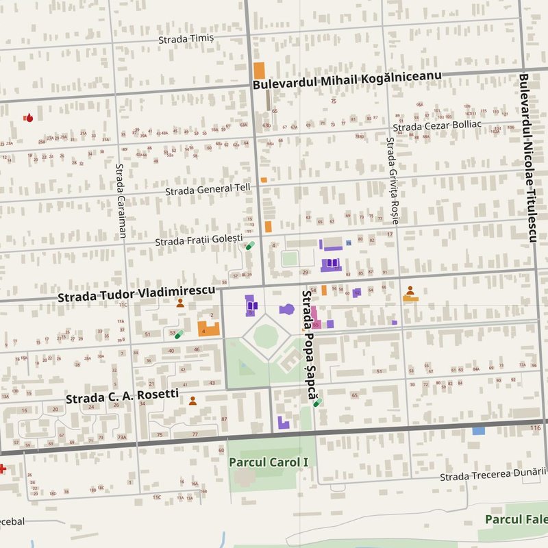 Corabia map with house numbers, hospitals, police and fire stations — printable PDF, Romania