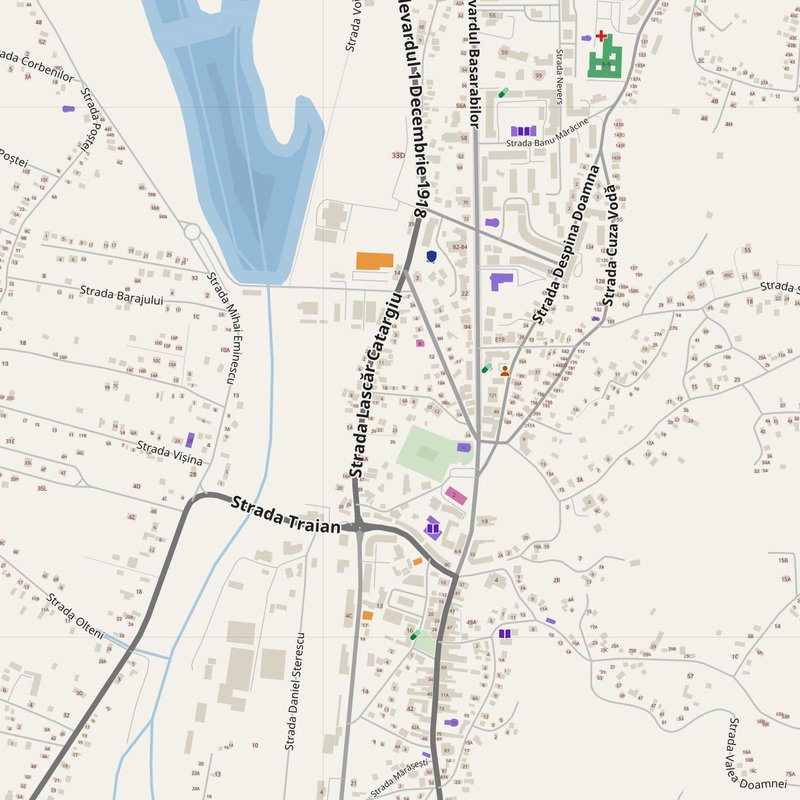 Curtea de Argeş map with house numbers, hospitals, police and fire stations — printable PDF, Romania