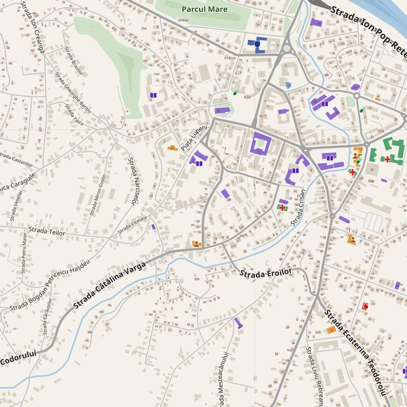 Dej map with house numbers, hospitals, police and fire stations — printable PDF, Romania