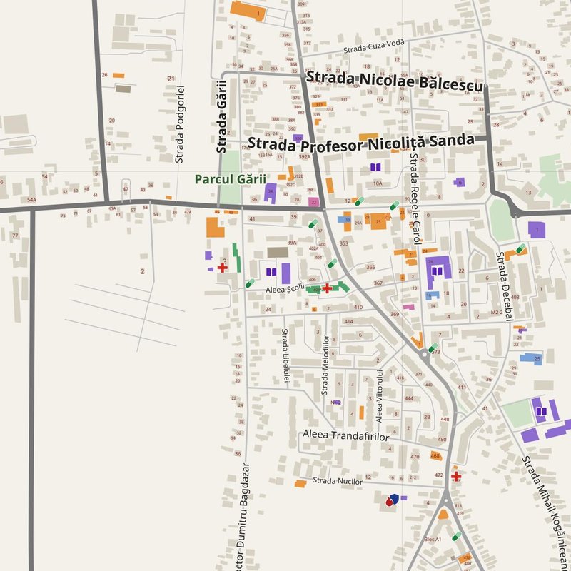 Drăgăşani map with house numbers, hospitals, police and fire stations — printable PDF, Romania