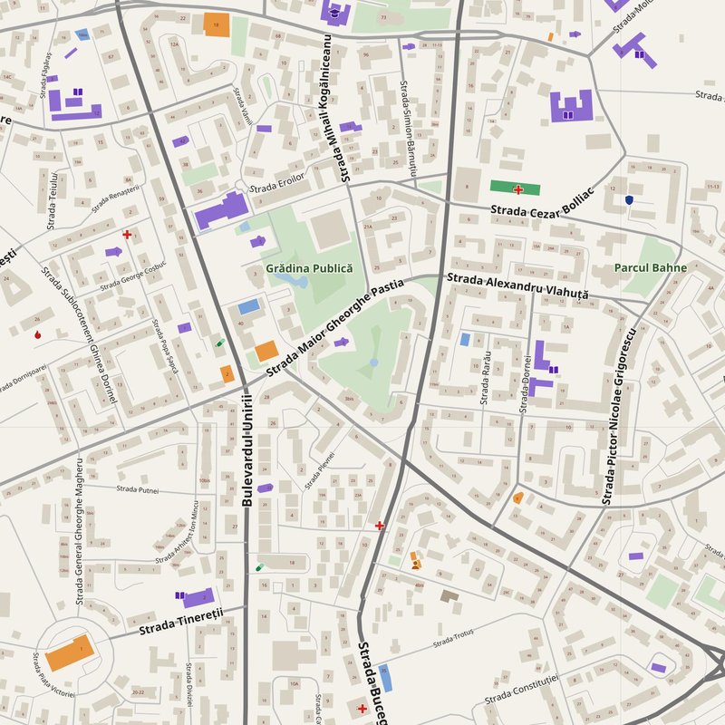Focșani map with house numbers, hospitals, police and fire stations — printable PDF, Romania