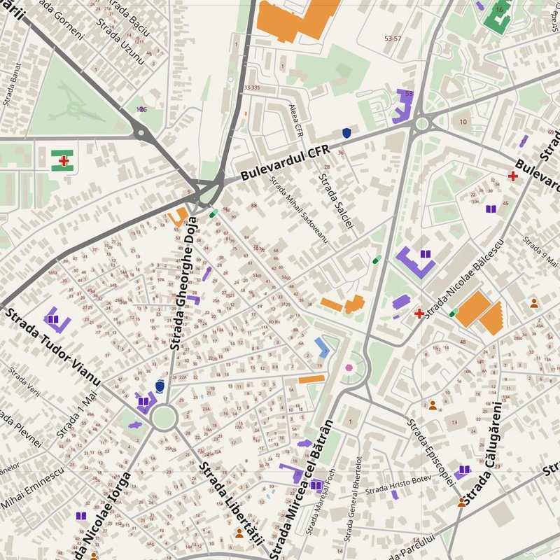 Giurgiu map with house numbers, hospitals, police and fire stations — printable PDF, Romania