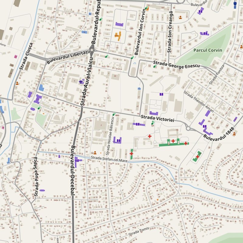 Hunedoara map with house numbers, hospitals, police and fire stations — printable PDF, Romania