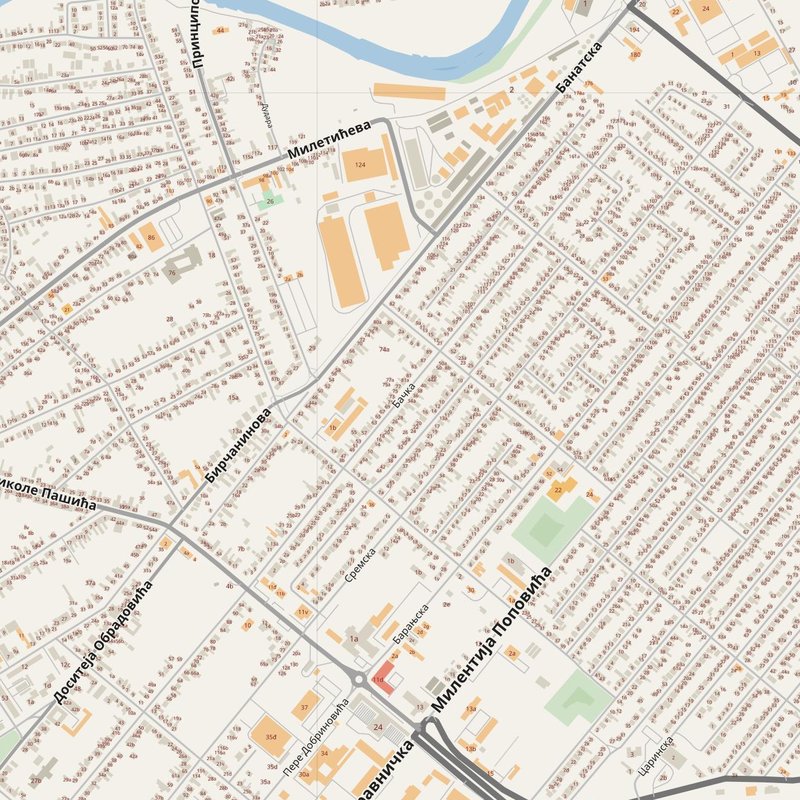 Zrenjanin street map with house numbers — printable address map PDF, Serbia
