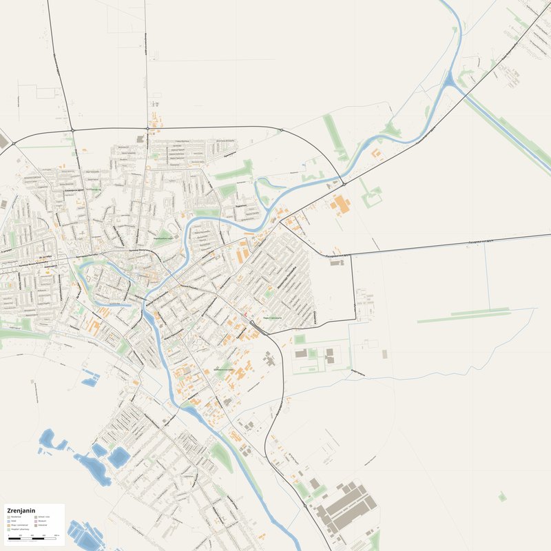 Printable street map poster of Zrenjanin, Serbia