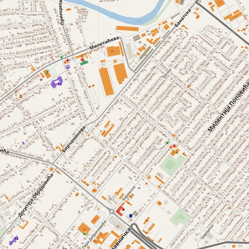 Zrenjanin map with house numbers, hospitals, police and fire stations — printable PDF, Serbia