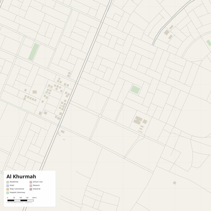 Al Khurmah Map PDF — Printable Street Map Poster with House Numbers
