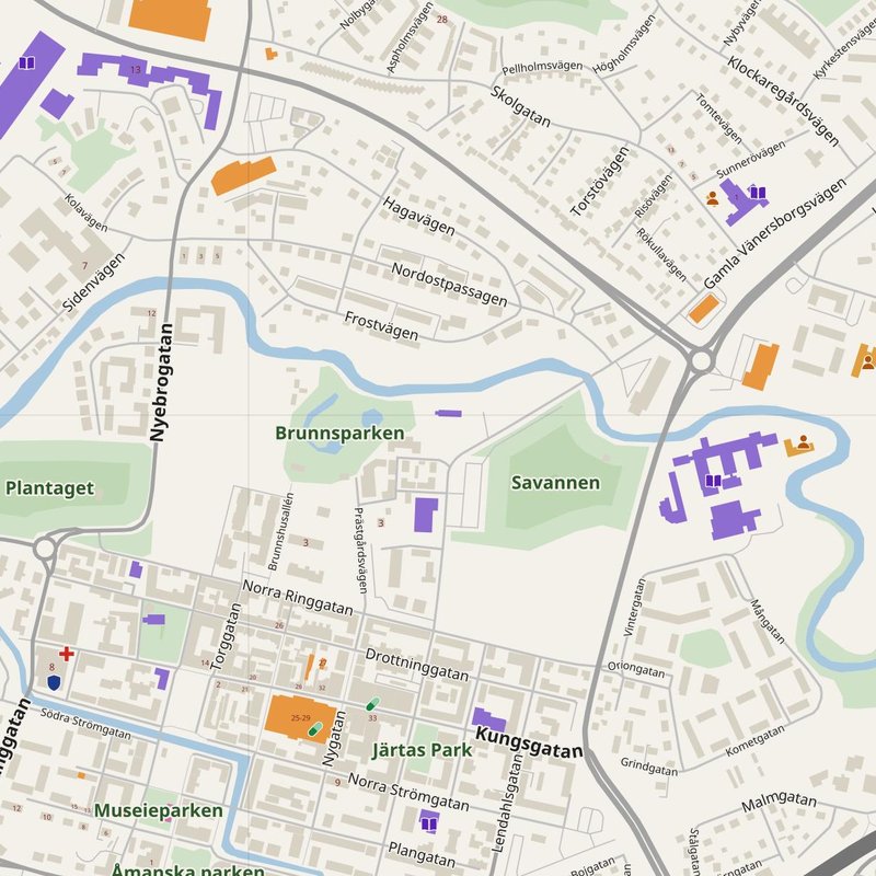 Alingsås map with house numbers, hospitals, police and fire stations — printable PDF, Sweden