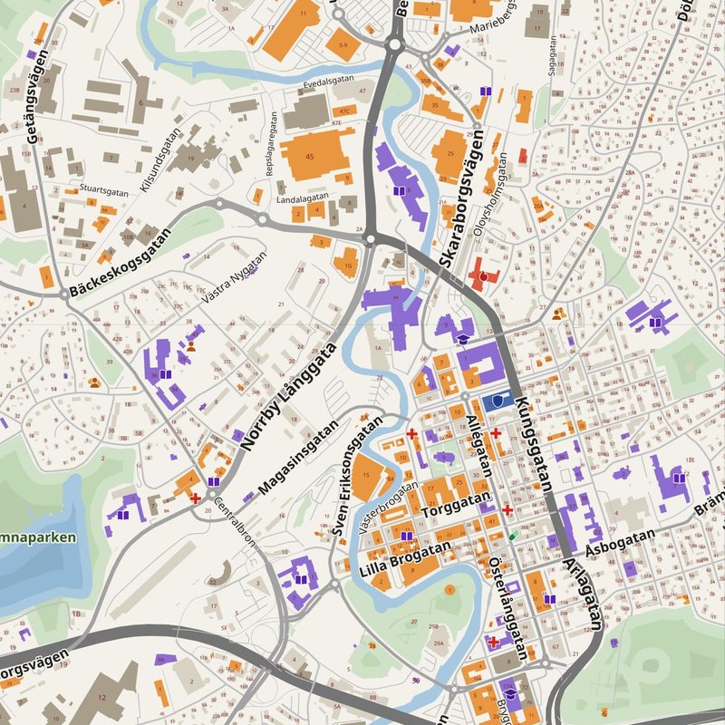 Borås map with house numbers, hospitals, police and fire stations — printable PDF, Sweden