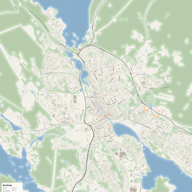 Áp phích bản đồ đường phố Borlänge in được, Thụy Điển
