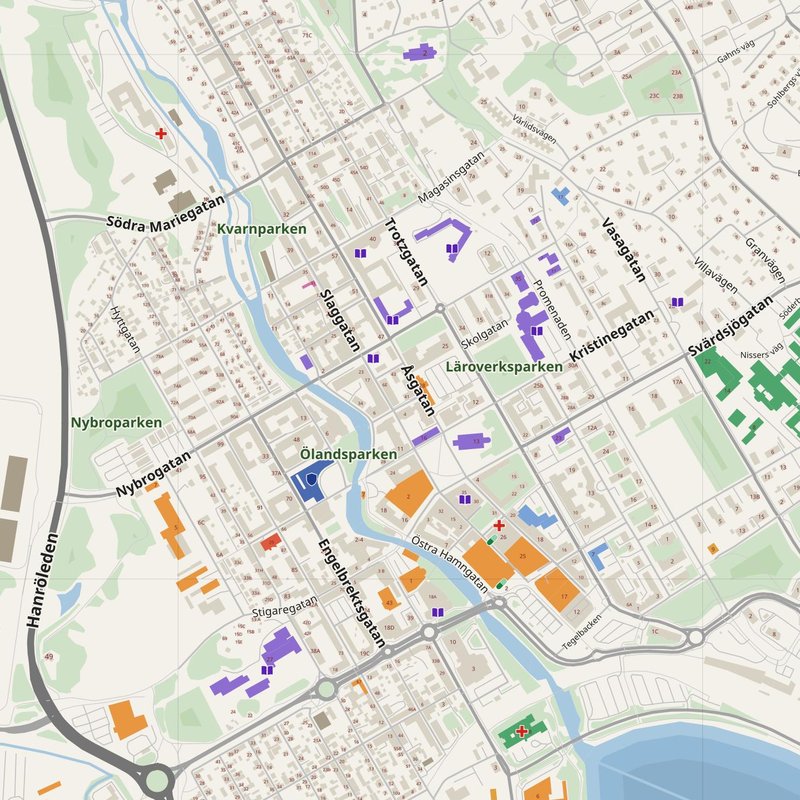 Borlänge map with house numbers, hospitals, police and fire stations — printable PDF, Sweden