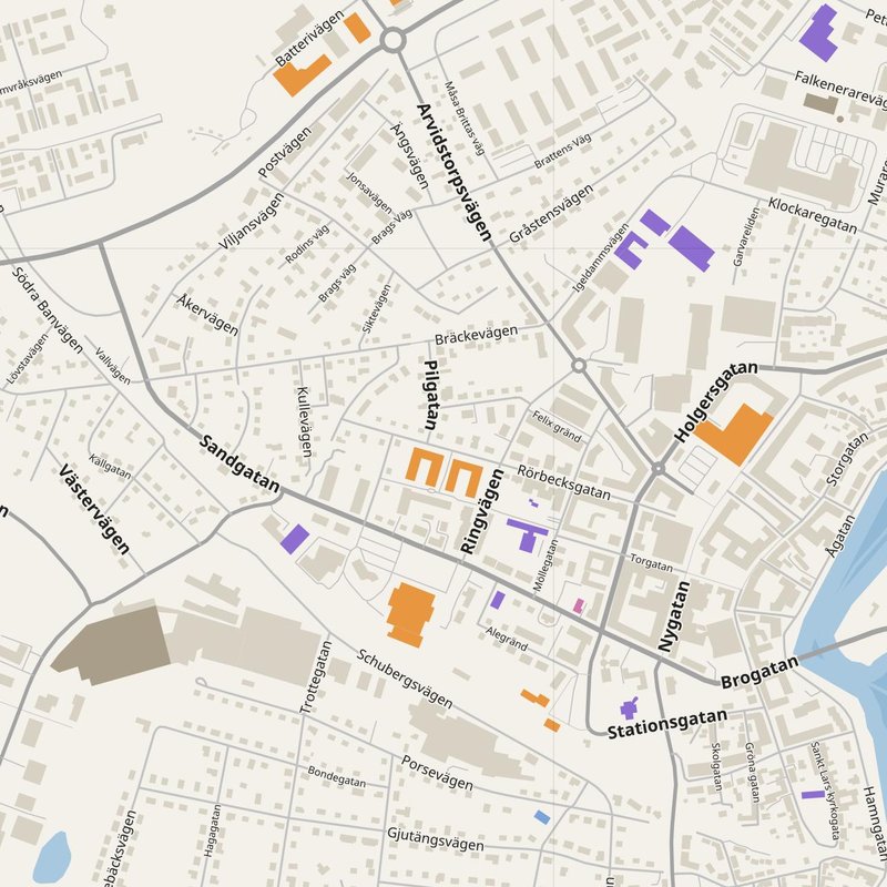 Falkenberg map with house numbers, hospitals, police and fire stations — printable PDF, Sweden