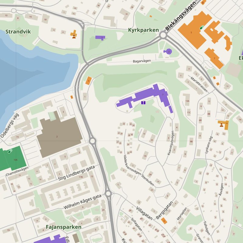 Gustavsberg map with house numbers, hospitals, police and fire stations — printable PDF, Sweden