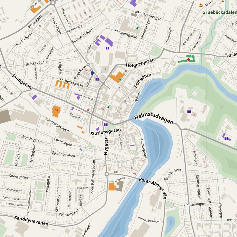 Halmstad map with house numbers, hospitals, police and fire stations — printable PDF, Sweden