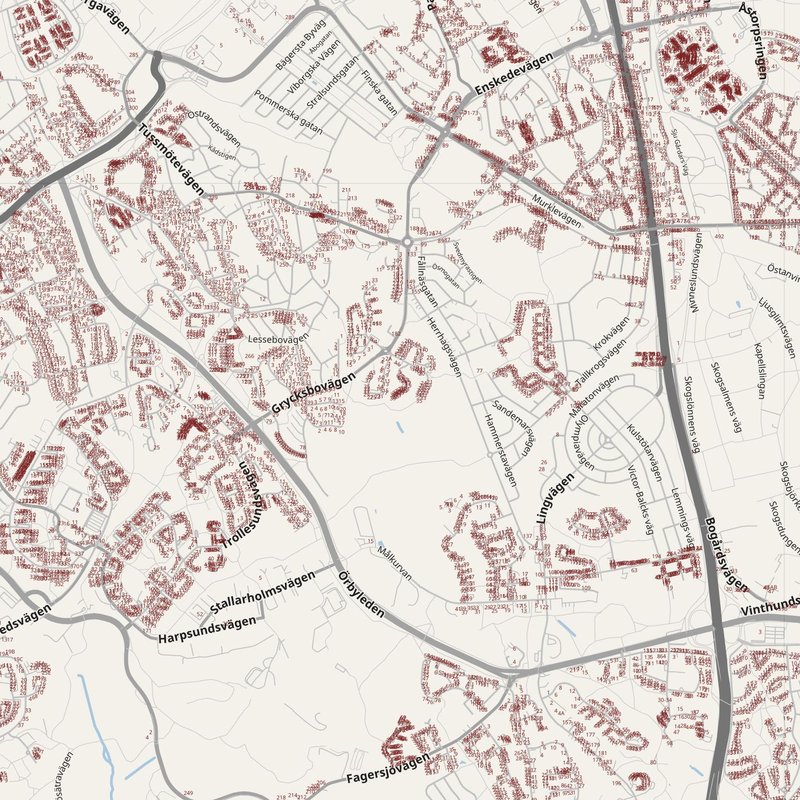 Huddinge street map with house numbers — printable address map PDF, Sweden