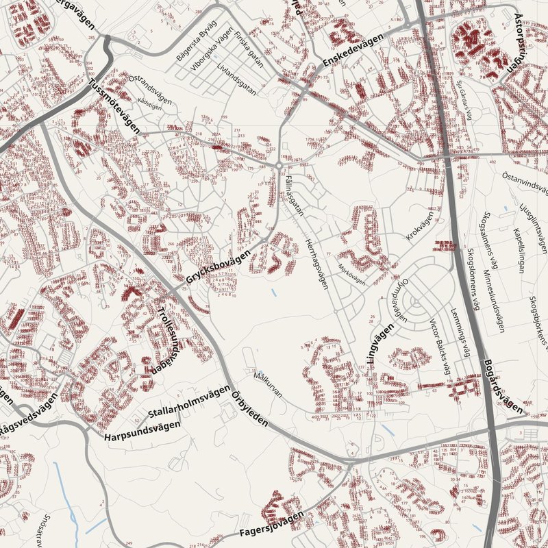 Huddinge map with house numbers, hospitals, police and fire stations — printable PDF, Sweden