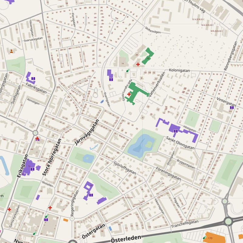Landskrona map with house numbers, hospitals, police and fire stations — printable PDF, Sweden