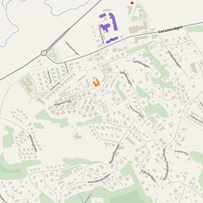 Lerum map with house numbers, hospitals, police and fire stations — printable PDF, Sweden