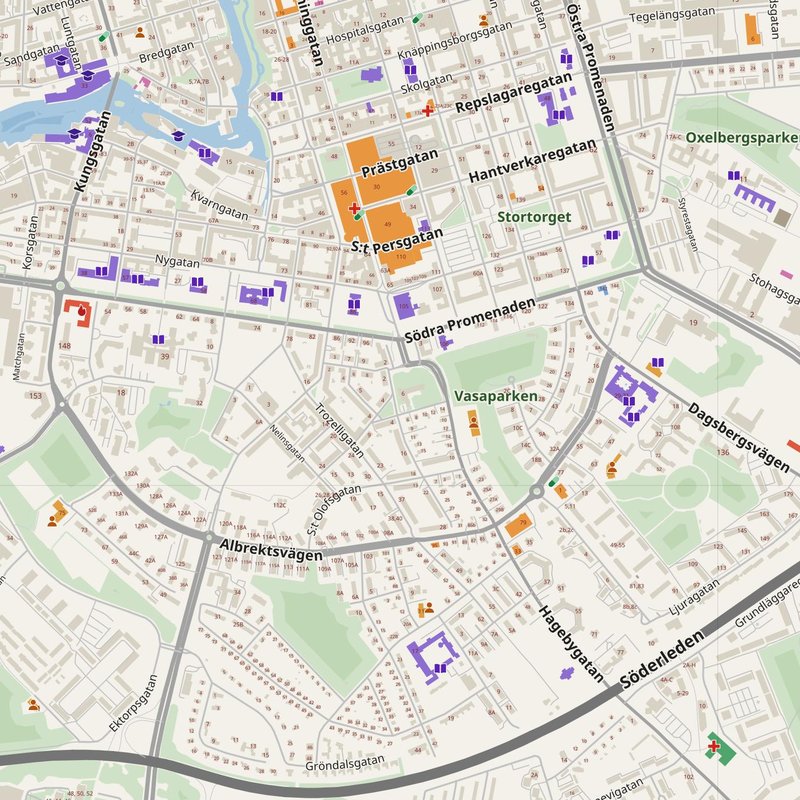 Norrköping map with house numbers, hospitals, police and fire stations — printable PDF, Sweden