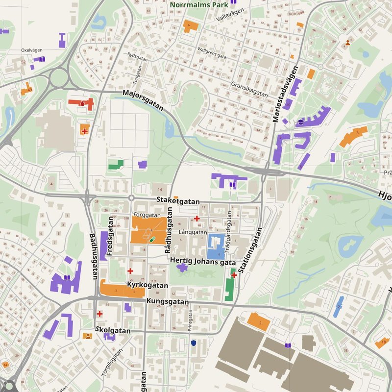 Skövde map with house numbers, hospitals, police and fire stations — printable PDF, Sweden