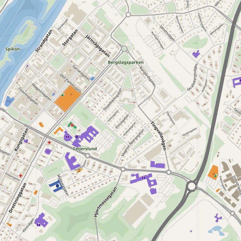 Trollhättan map with house numbers, hospitals, police and fire stations — printable PDF, Sweden