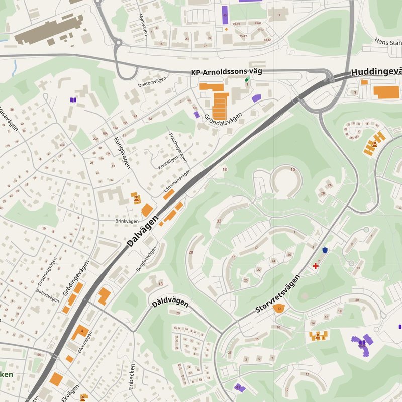 Tumba map with house numbers, hospitals, police and fire stations — printable PDF, Sweden