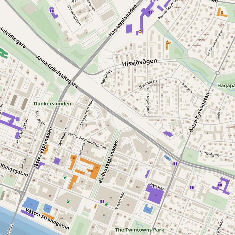 Umeå map with house numbers, hospitals, police and fire stations — printable PDF, Sweden