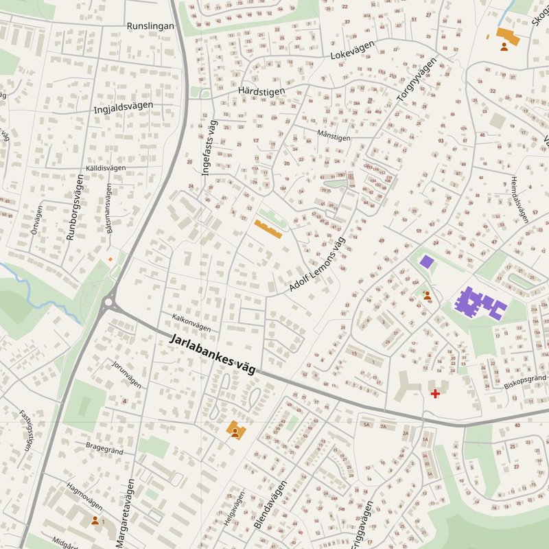 Vallentuna map with house numbers, hospitals, police and fire stations — printable PDF, Sweden