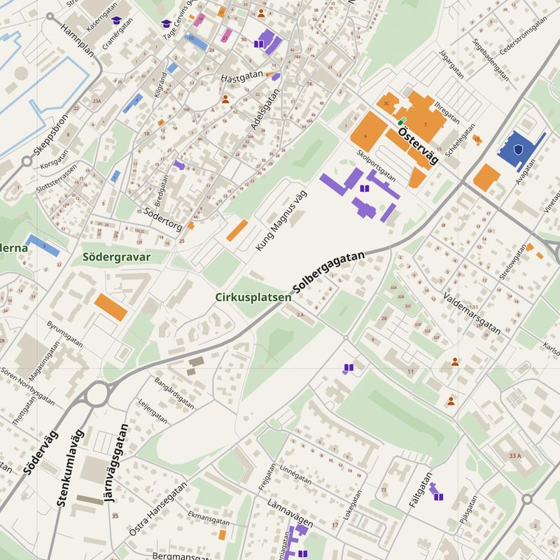 Visby map with house numbers, hospitals, police and fire stations — printable PDF, Sweden