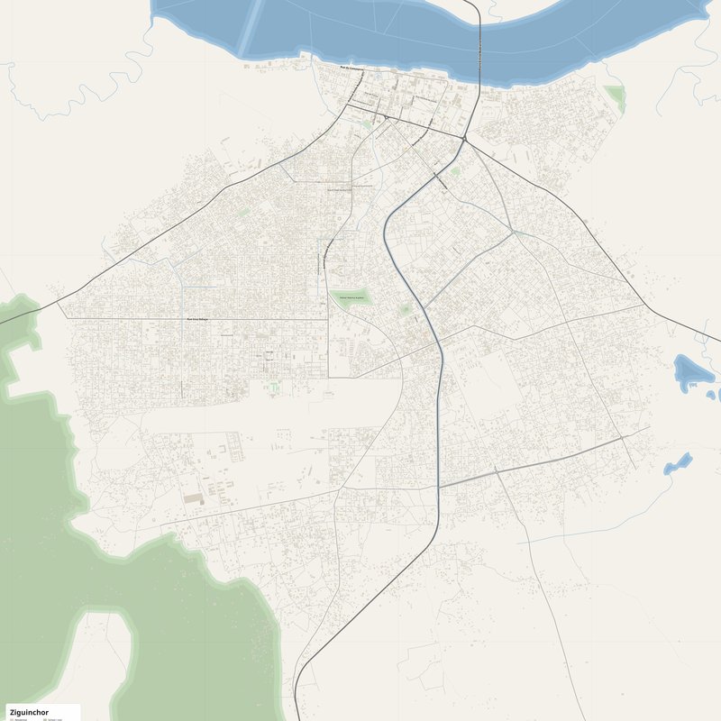 Printable street map poster of Ziguinchor, Senegal