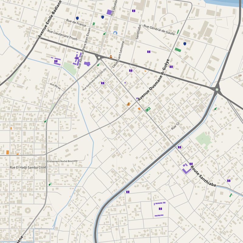 Ziguinchor map with house numbers, hospitals, police and fire stations — printable PDF, Senegal