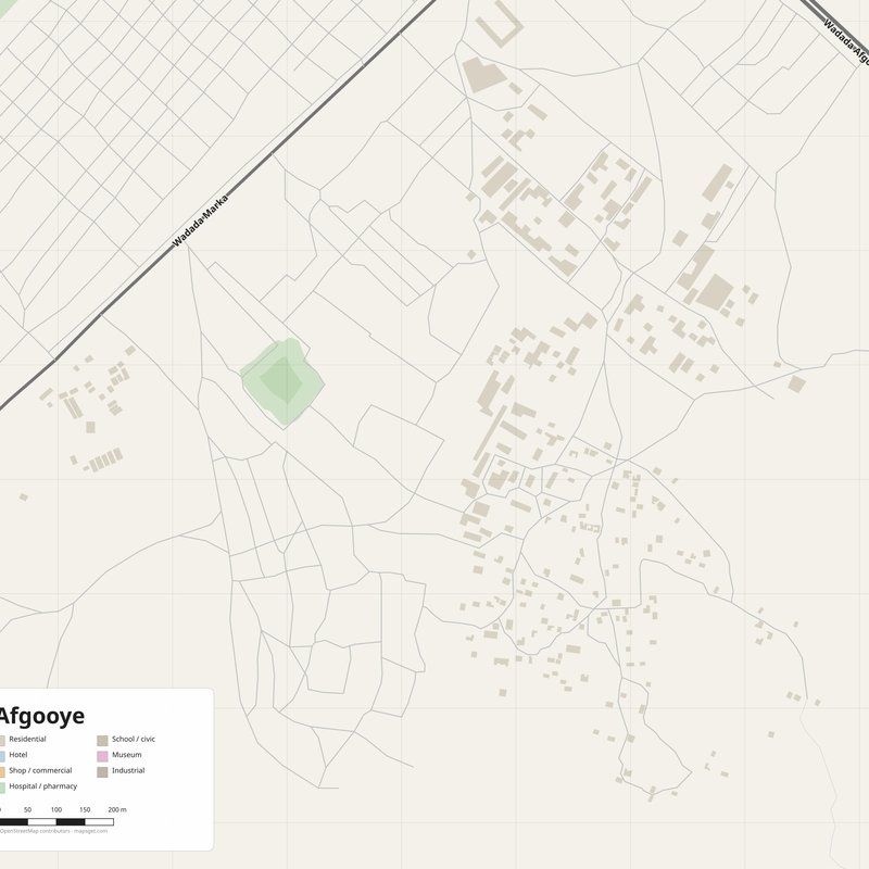 Printable street map poster of Afgooye, Somalia