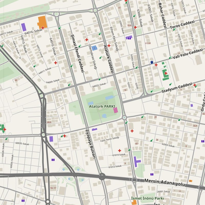 Adana map with house numbers, hospitals, police and fire stations — printable PDF, Türkiye
