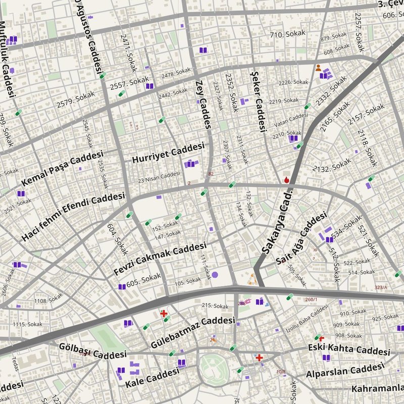 Adıyaman map with house numbers, hospitals, police and fire stations — printable PDF, Türkiye