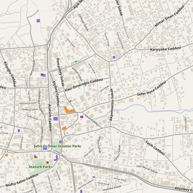 Afşin map with house numbers, hospitals, police and fire stations — printable PDF, Türkiye